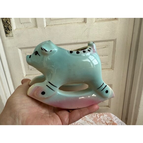 Vintage 50's Rocking Horse Pig Planter Blue Pink - Picture 7 of 11